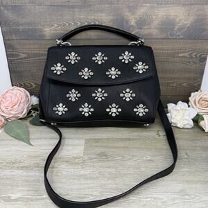 Michael Kors Ava Black Leather and Rhinestone Crossbody Satchel Purse